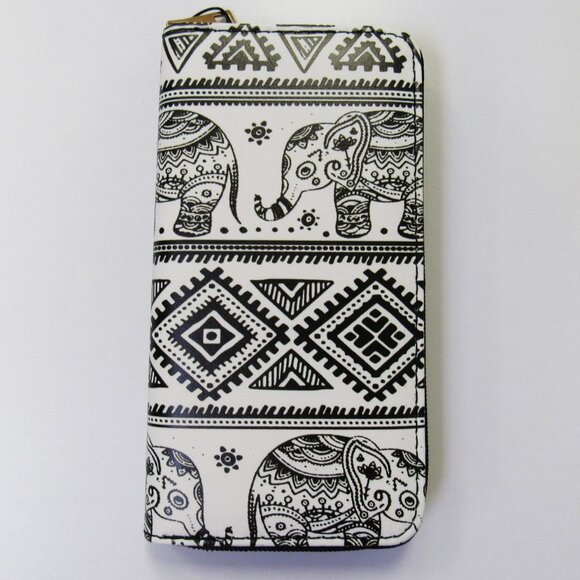 Handbags - Black & White Elephant Print Ladies Zippered Long Wallet Vegan Leather NEW  You